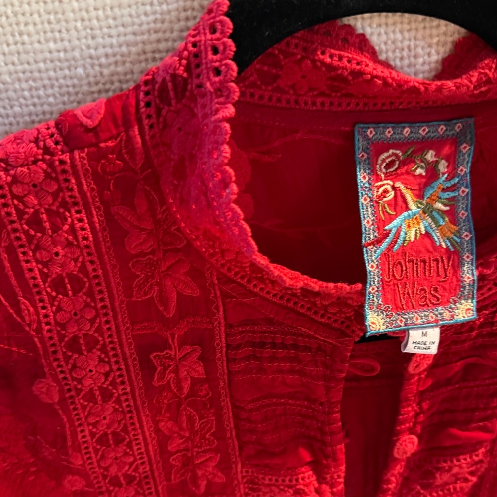 Johnny Was Red Embroidered Ruffle Front Blouse - Picture 4 of 11